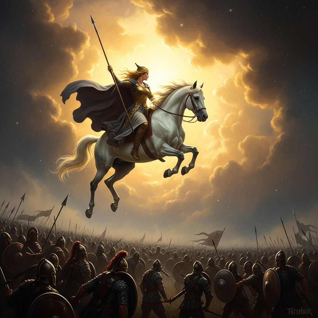 Göndul above the field at Fitjar, spear in hand, watching the lines below. Her horse does not touch the ground. From here the battle looks like a pattern; she can see the threads.