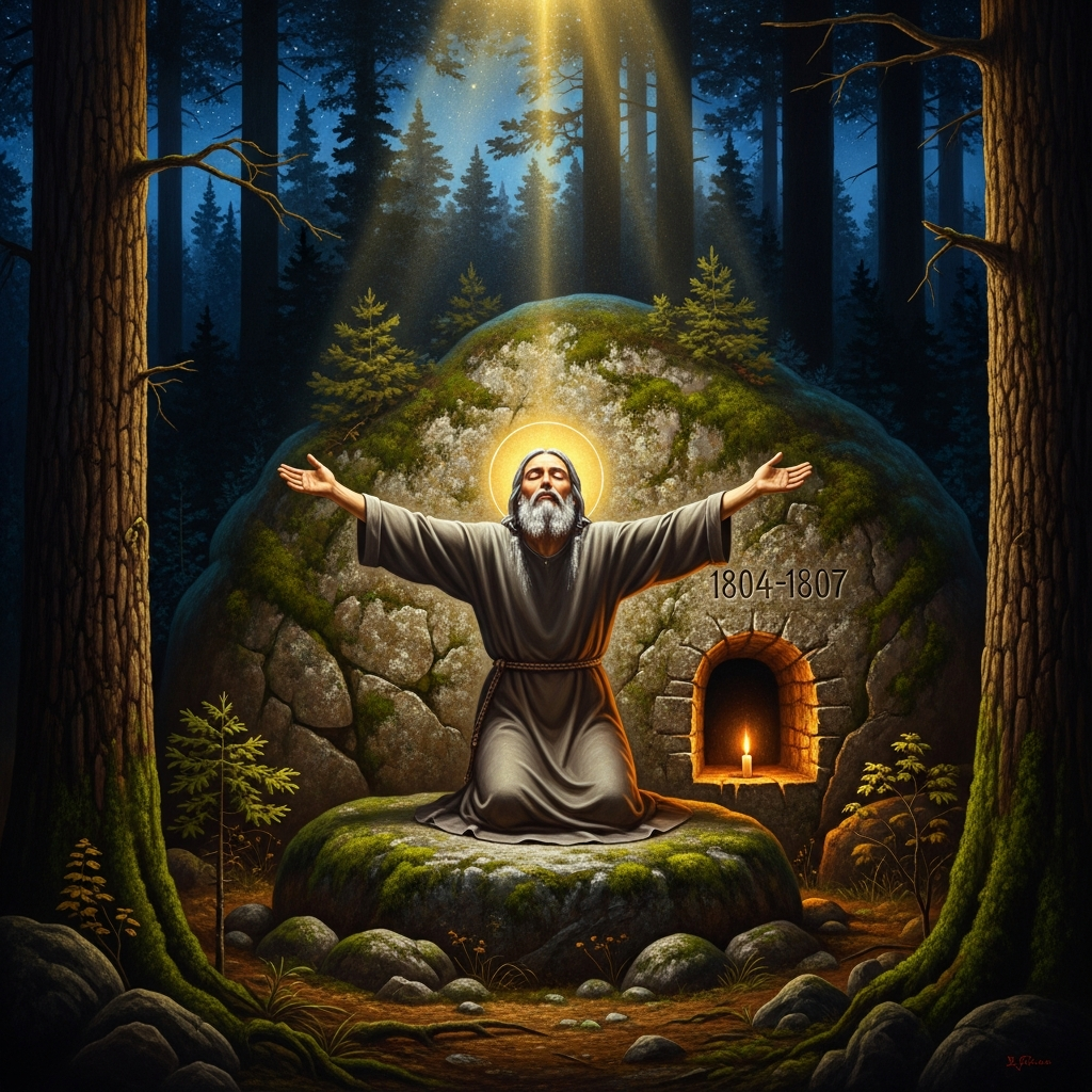 A granite stone in the forest, 1804-1807 — Seraphim kneeling on the rock by night, arms raised in cruciform prayer, frost on his beard, a single candle flame inside his cell
