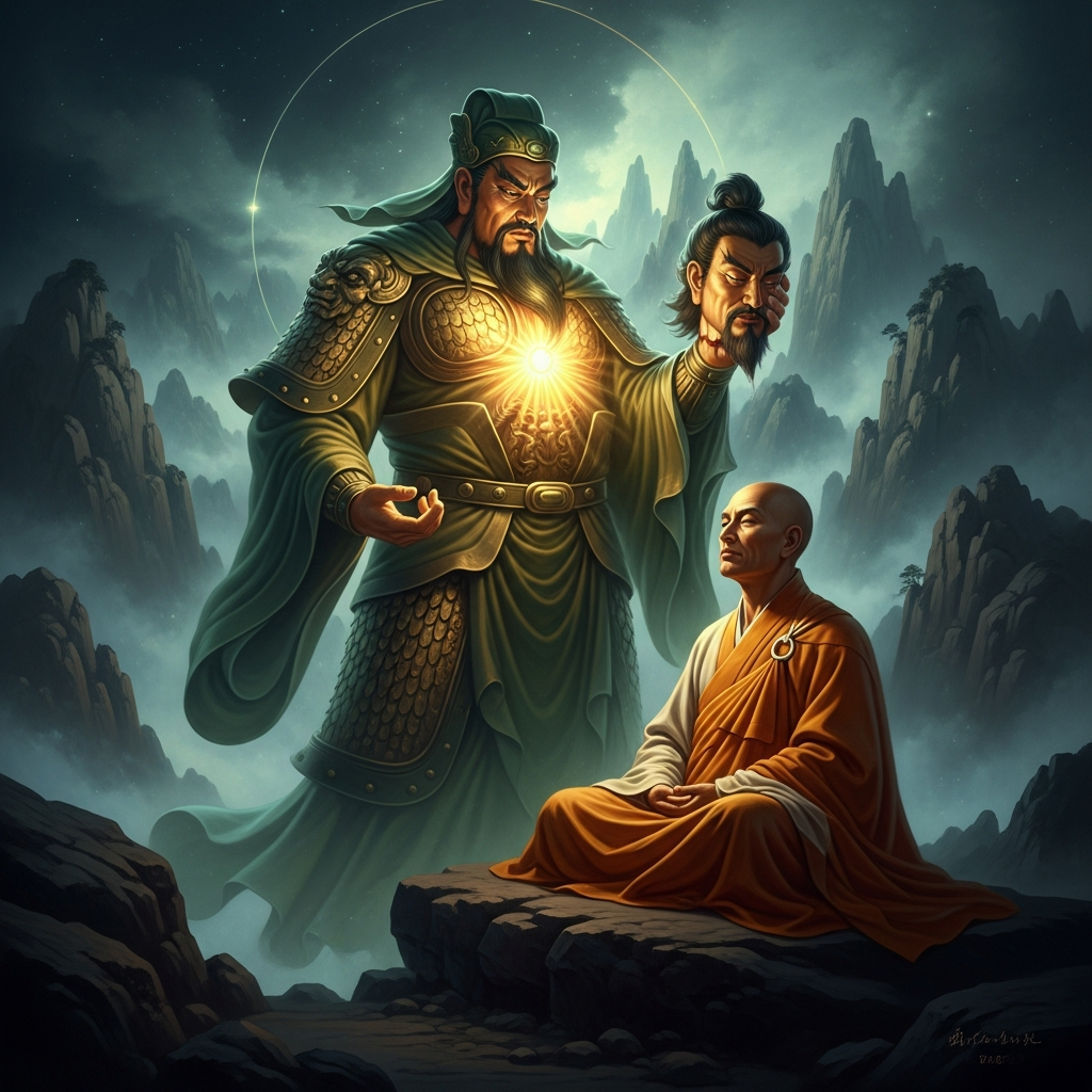 The ghost of Guan Yu appears to a Buddhist monk at Yuquan Mountain, his severed head asking not for revenge but for the return of what was taken: his name.