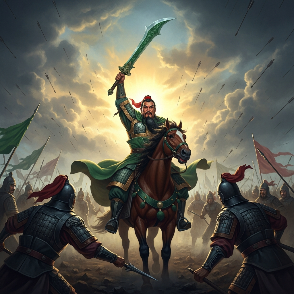 Guan Yu makes his final stand at the Battle of Fancheng, his green dragon crescent blade raised against a sky full of Wu arrows, his red face a lantern in the smoke.