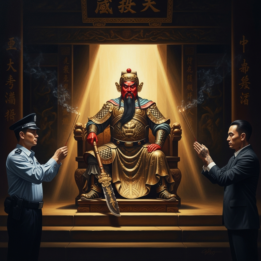 In a temple in Fujian, Guan Yu sits enthroned in full armor, his face lacquered red as fresh blood, receiving incense from a policeman and a triad member who have not noticed each other.