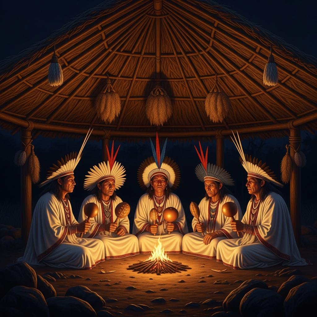 A Guarani religious ceremony in the deep Atlantic forest of Paraguay — shamans in the opy prayer house chanting the ayvu rapyta, wearing white garments and feathered headdresses, gourd rattles in hand, the interior lit by a single fire, the words of Ñamandú being spoken into the living world.