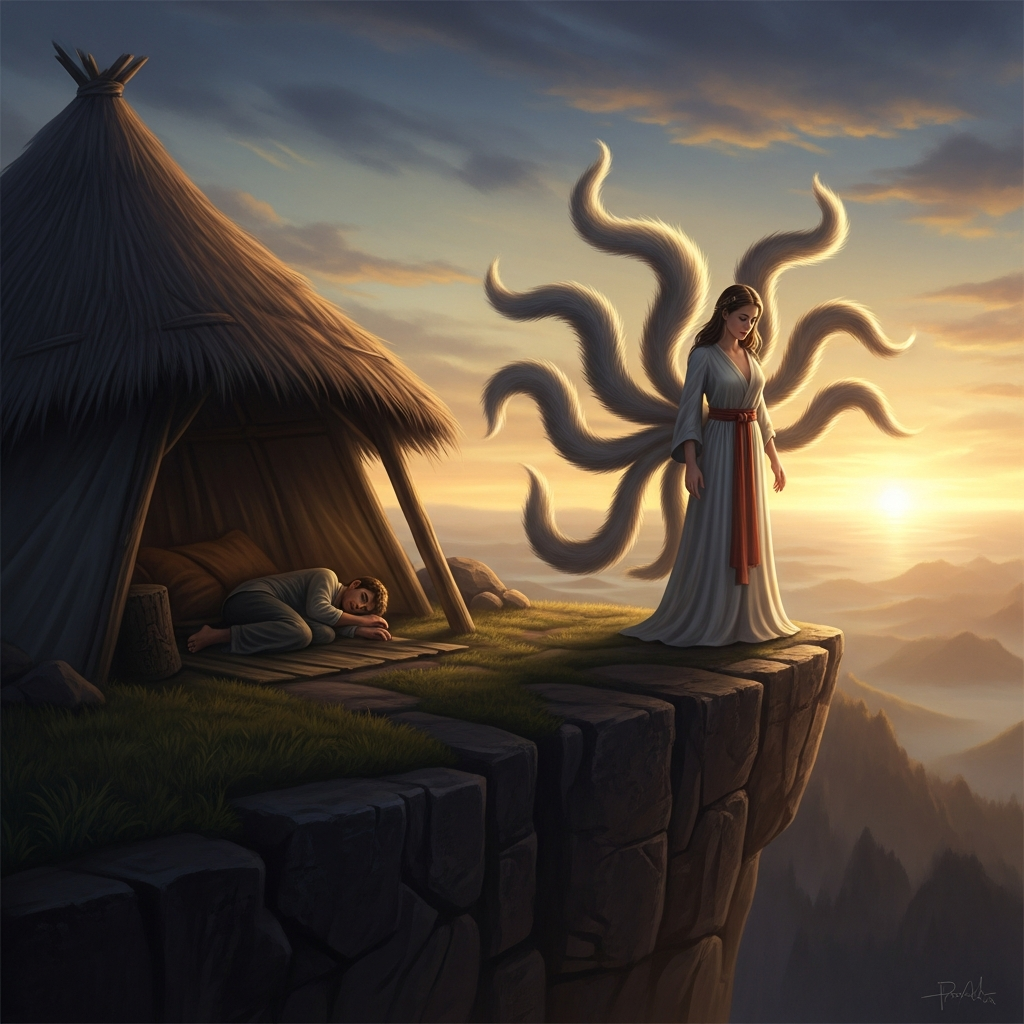 The gumiho at the edge of a cliff at dawn, still in human form, her nine tails visible through her clothing like light through silk. The man sleeps in the shelter below. She stands at the edge. She has not eaten. The sun is rising and she is still herself and she does not yet know what this means.