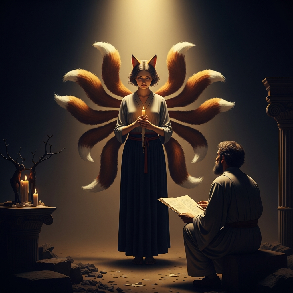 The moment of the scholar's decision. She stands before him in the form she has spent a thousand years assembling. Nine tails flicker at the edge of her human shape, the fox nature showing through the way a candle shows through paper. He must choose: accept what he sees, or turn away.