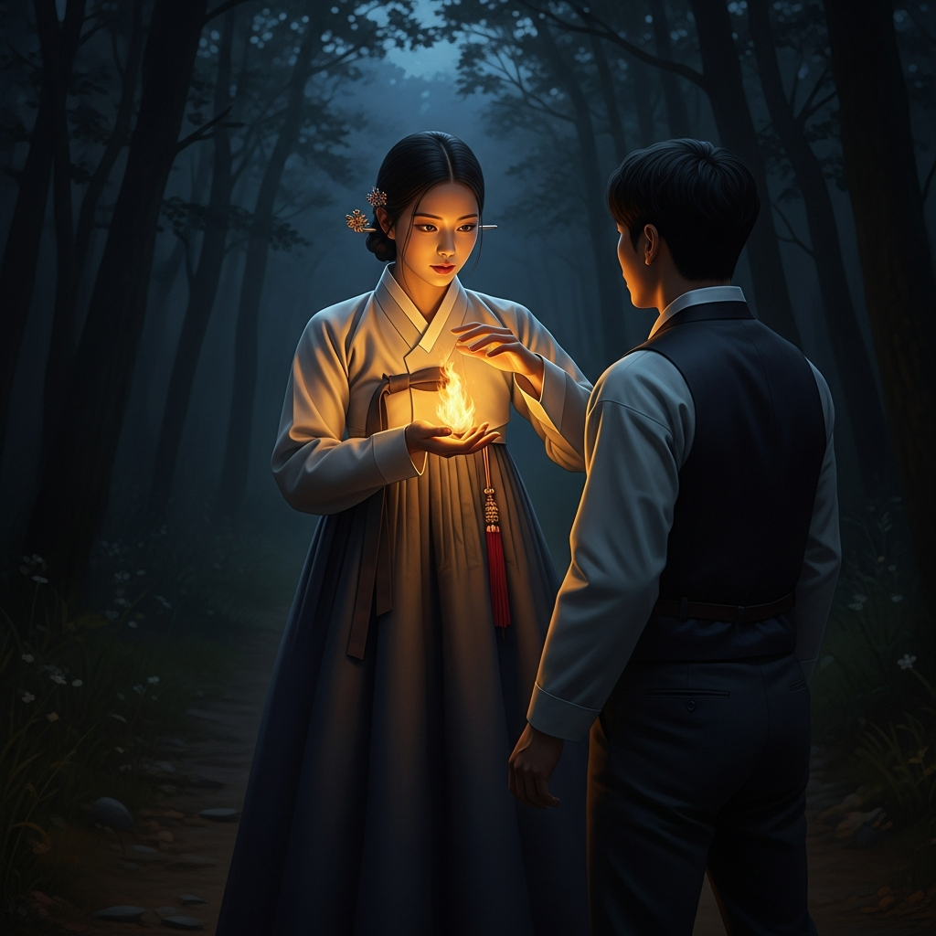 The gumiho in human form on a forest path — a woman of piercing beauty in traditional hanbok, appearing where no woman should appear. The man she has found stops on the path. She looks at him with eyes that are almost right. The forest is night-dark behind her. She holds a single fox fire between her palms, deliberating.