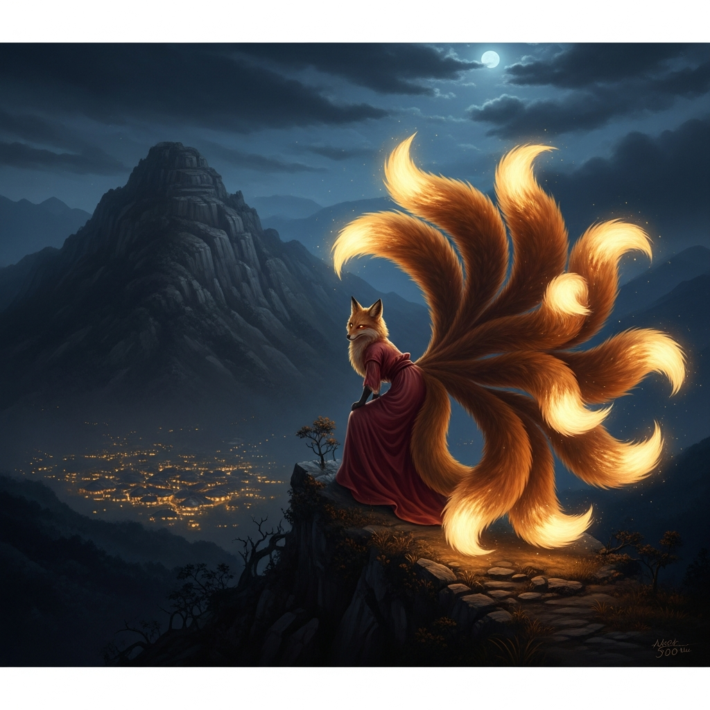 The gumiho in fox form on a Korean mountain peak at night, all nine tails spread behind her in the moonlight, each tail tip glowing with a century of accumulated spiritual force. Below, the lights of a village. She has been building toward human form for a thousand years. She has ninety-nine. She needs one more. The mountain behind her, dense and dark and old.