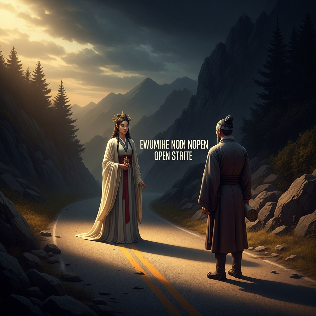 The Gumiho in human form approaches the scholar on the mountain road — a woman of arresting beauty appearing on a road with no other travelers, at an hour with no rational explanation. The scholar stops. He knows what she is. She knows that he knows. This is the condition: everything visible, nothing concealed.
