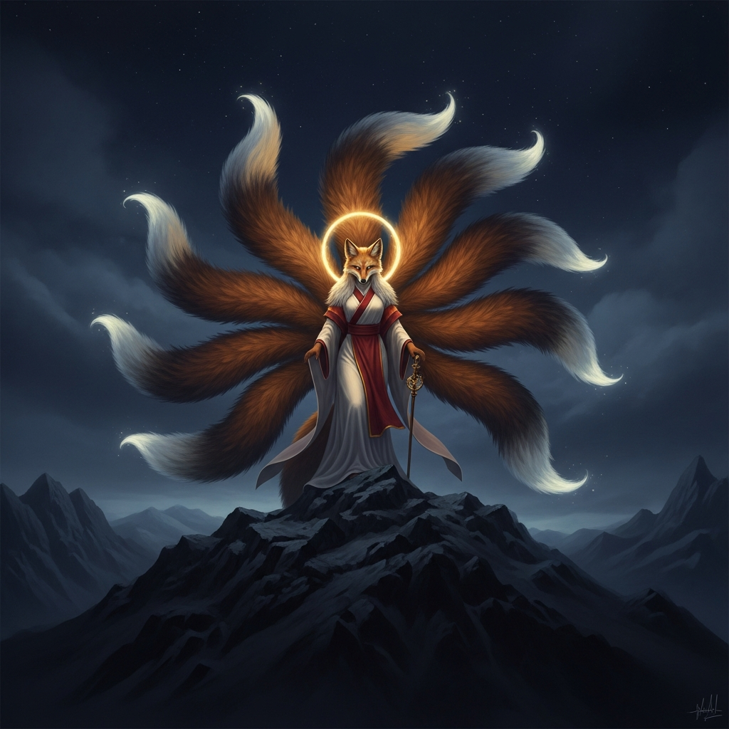 The Gumiho in fox form on the mountain at night — nine tails spread like a fan behind her, each one a century of accumulated life-force, each tip glowing faintly in the dark. She has been building toward human form for a thousand years. Tonight is the convergence.