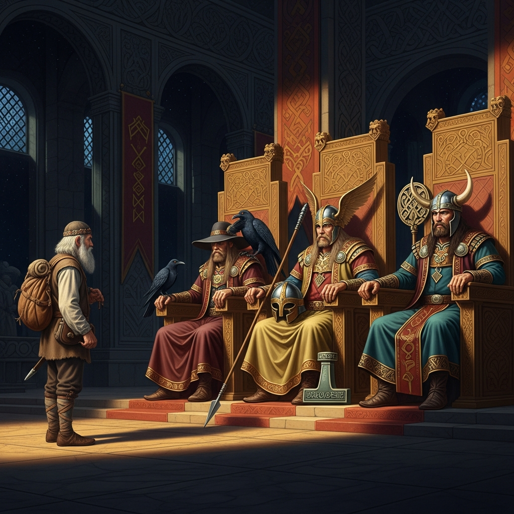 The framing fiction of Gylfaginning: King Gylfi, disguised as Gangleri, comes to a hall and is questioned by three figures called High, Just-As-High, and Third. They are Odin in triplicate. They will tell him everything.