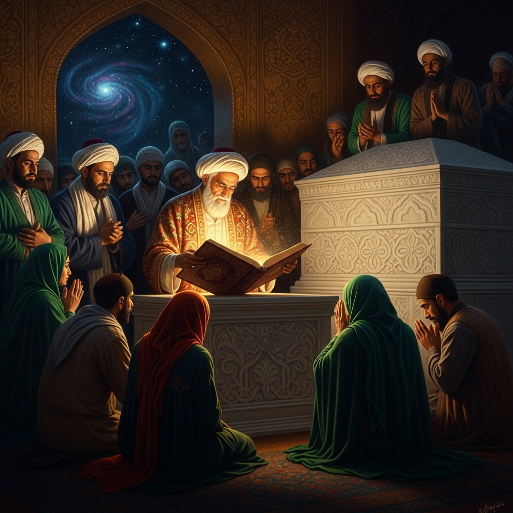 Pilgrims open the Divan of Hafez at random at his tomb in Shiraz, using his poems as an oracle — as the poet intended and as the tradition maintains across seven centuries.