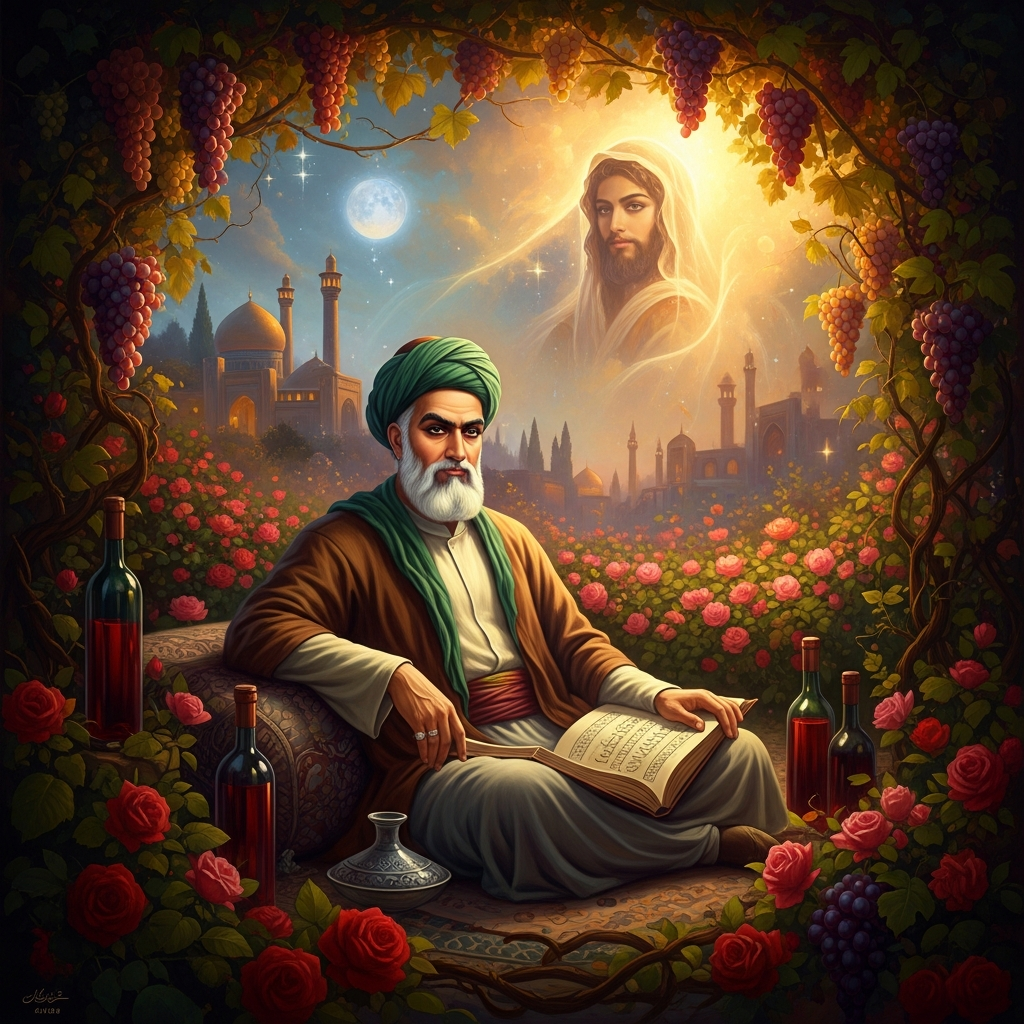 Hafez in the rose gardens of Shiraz, where every wine is also God and every beloved is also the face behind the veil — the city he would trade two imperial capitals to stay in.