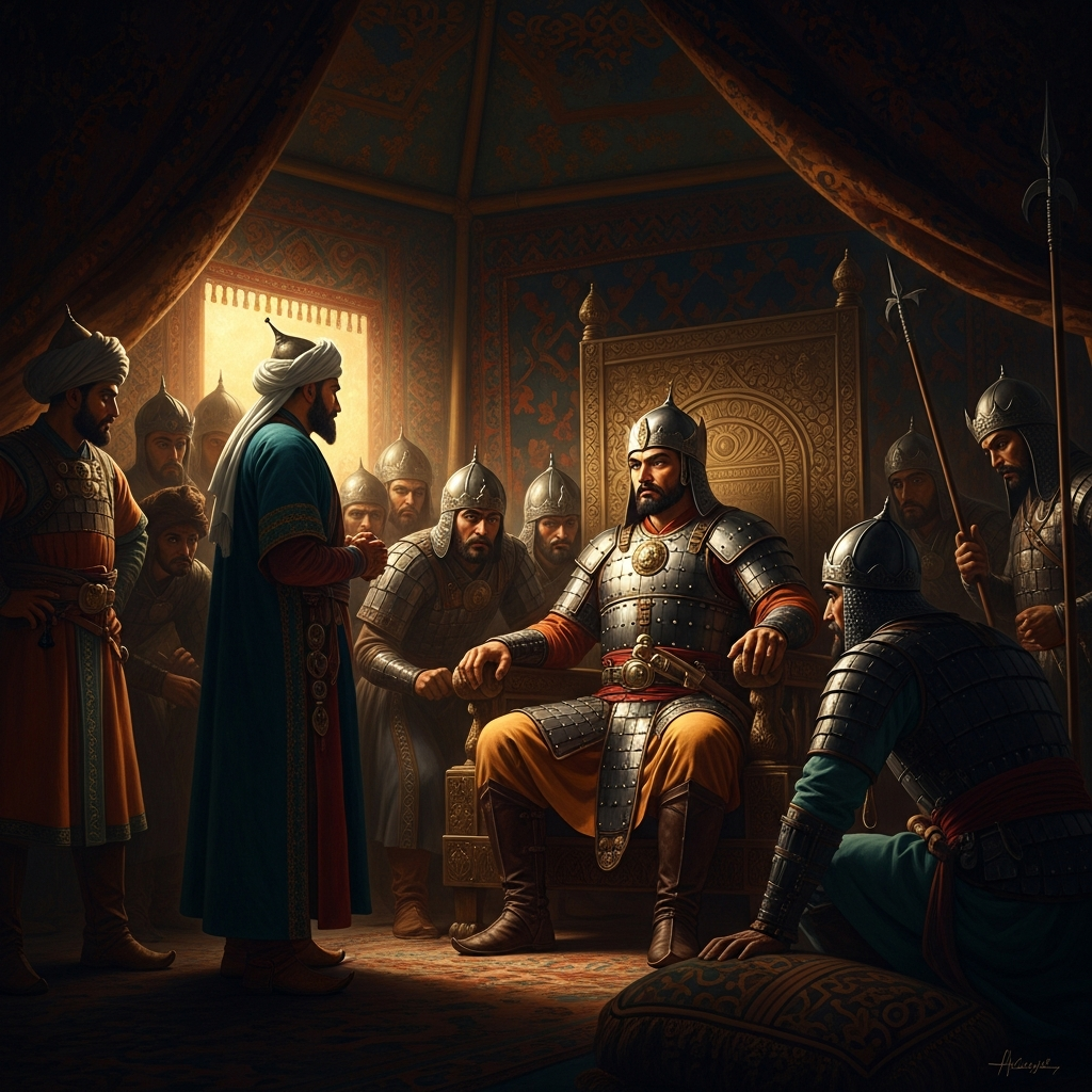 The poet of Shiraz stands before the world-conqueror in the audience tent. Timur's generals lean forward. Everyone expects the poet to die.