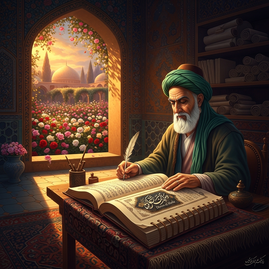 The completed Divan — five hundred ghazals that every Persian household will memorize for seven centuries.