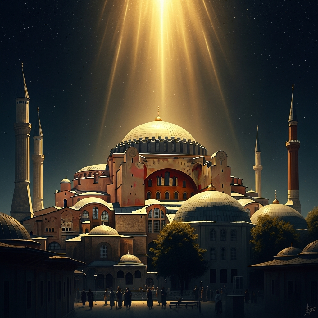 Hagia Sophia, Constantinople, 987 — the ten boyars in Slavic dress standing motionless under the great dome during the Divine Liturgy, smoke rising in shafts of sun, the Patriarch in full vestments before the altar