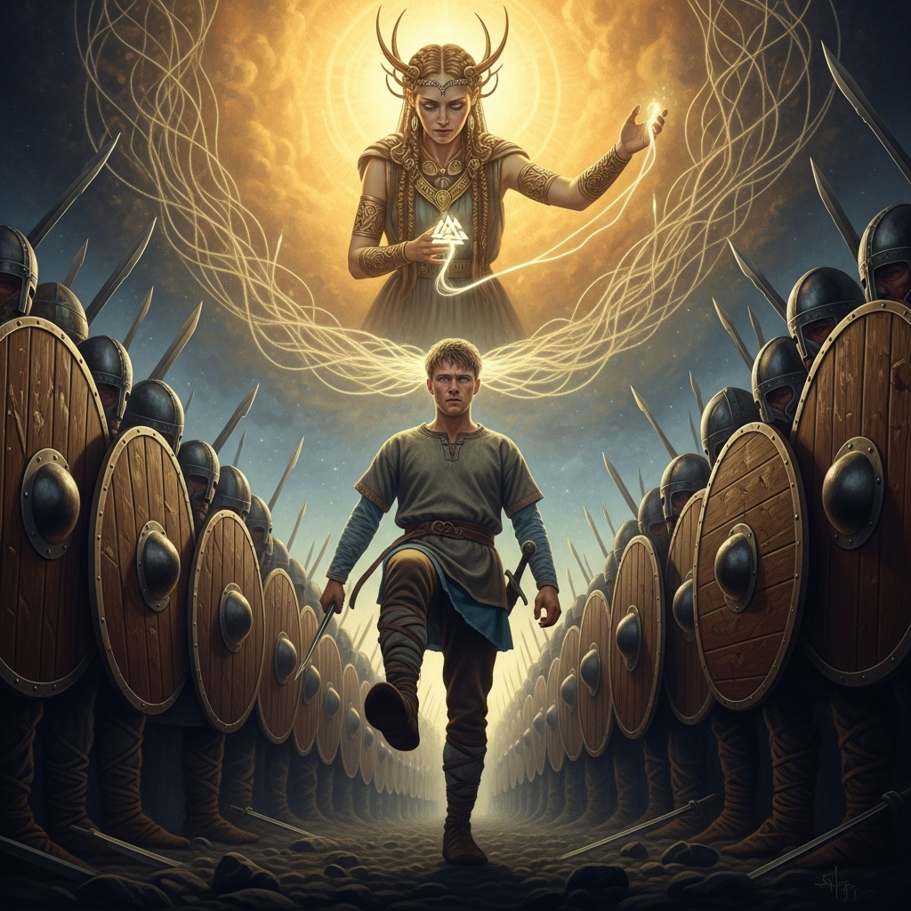 Hákon without his chainmail, advancing into the shield-wall. The moment he steps forward is the moment his thread changes. Göndul sees it from above as a light going out.