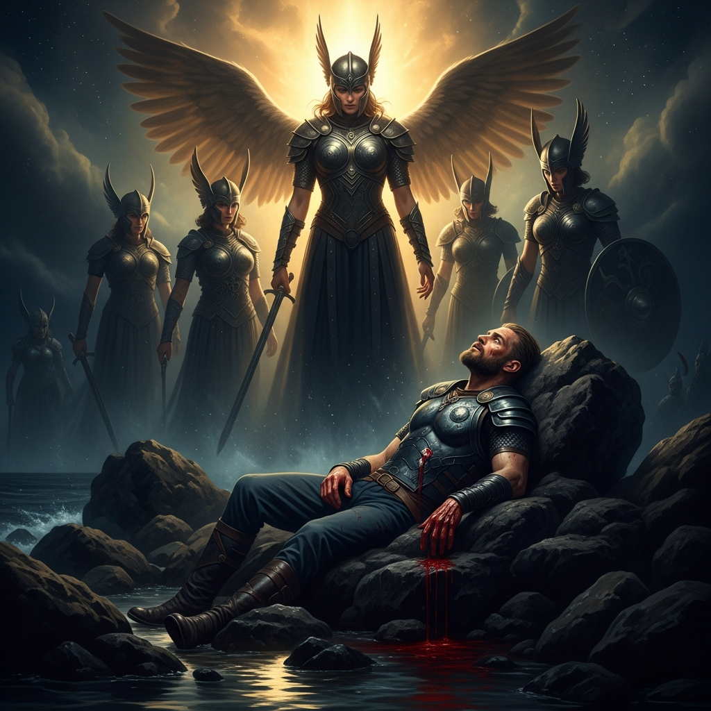 Hákon dying against the rocks, blood on his hands. The Valkyries materialize around him — not threatening, not gentle, simply present, the way death is present. He looks up at Göndul and asks what all of this was for.
