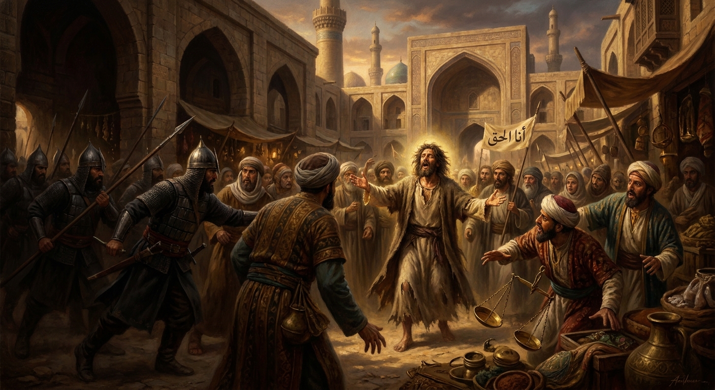 In the Baghdad marketplace he cries out *Ana al-Haqq* — *I am the Truth* — and the merchants drop their scales as the soldiers begin to push toward him.