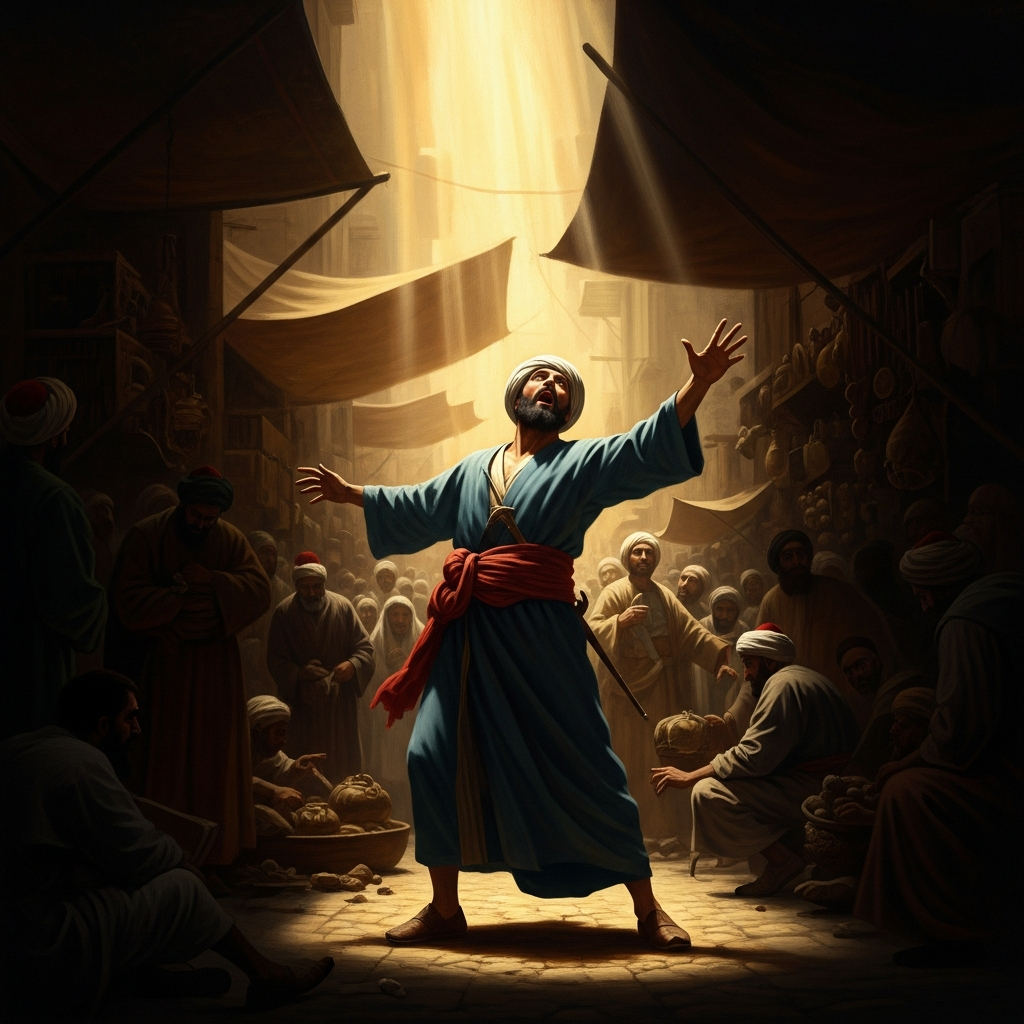 In the Baghdad marketplace he stops mid-step and cries out Ana al-Haqq to no one and everyone, eyes wide with the shock of what is speaking through him.