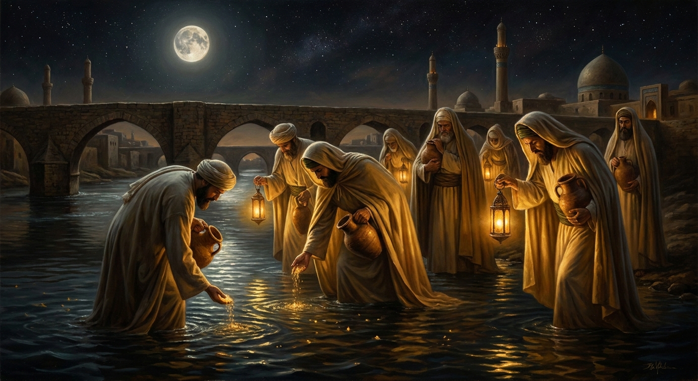 By moonlight the dervishes wade into the Tigris and gather his floating ashes into clay jars, smuggling the saint home a handful at a time.