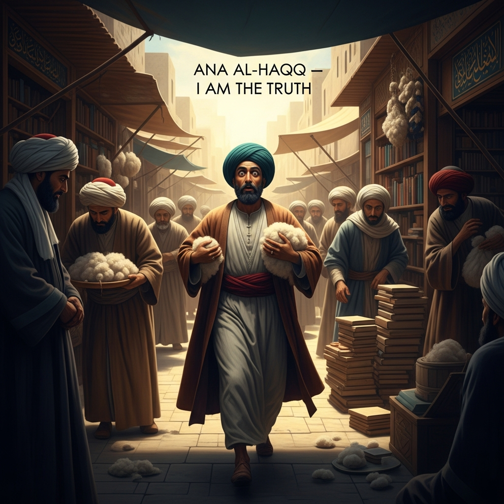 In the Baghdad marketplace, al-Hallaj stops mid-step and speaks Ana al-Haqq — I am the Truth — to no one and everyone, eyes wide with the shock of what is speaking through him. The wool-carder from Fars, standing in the street of the book-sellers, saying the name of God in the first person.