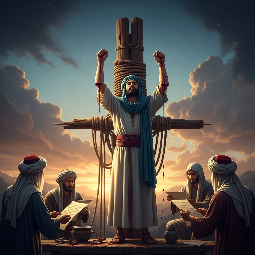 On the gibbet at Bab al-Taq, al-Hallaj raises what remains of his severed wrists toward the dawn sky and performs ablution in his own blood. Scribes catch every word, knowing these sentences will be copied for a thousand years.