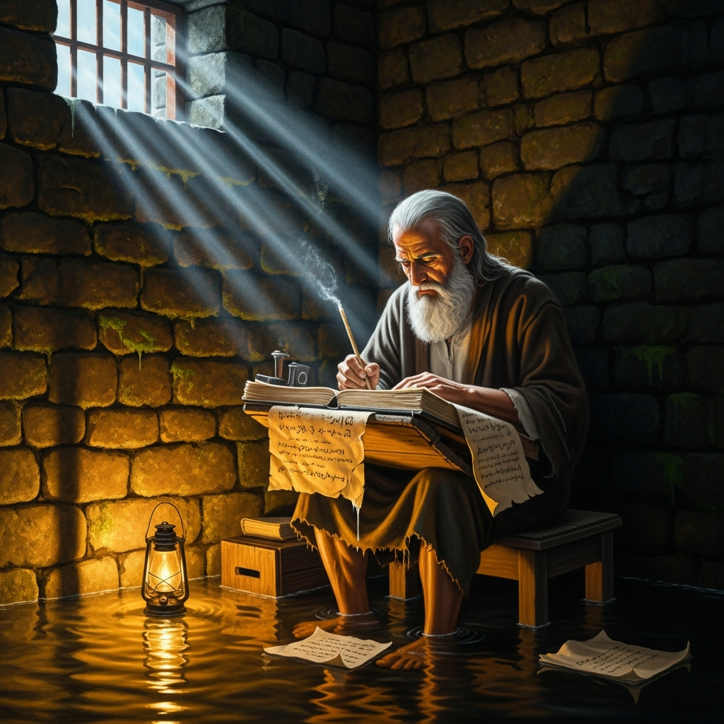 By lamplight in his flooded cell, al-Hallaj writes the Kitab al-Tawasin on smuggled paper — the chapters in which Iblis becomes a tragic monotheist who loved God too purely to bow to Adam.
