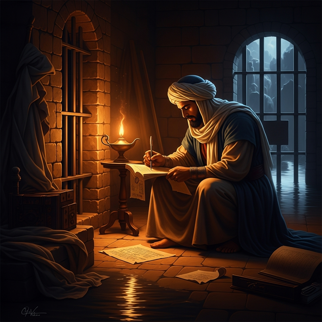 Nine years below the Tigris flood mark, writing the Kitab al-Tawasin on paper smuggled in by the guards he has converted. By lamplight, in a cell that floods in high water, he rehabilitates Iblis as a tragic monotheist — and the theologians who read it understand at once why he must die.