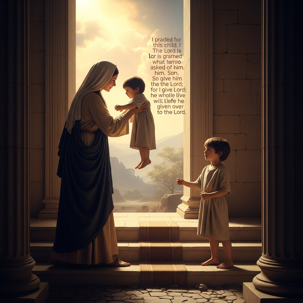 The boy is perhaps three years old. Hannah lifts him and presents him to Eli at the threshold of the same temple where she prayed. 'I prayed for this child. God granted what I asked. And I, in turn, am lending him to God — for as long as he lives, he is lent to God.' She leaves. Samuel stays. He is not yet old enough to understand what is happening.