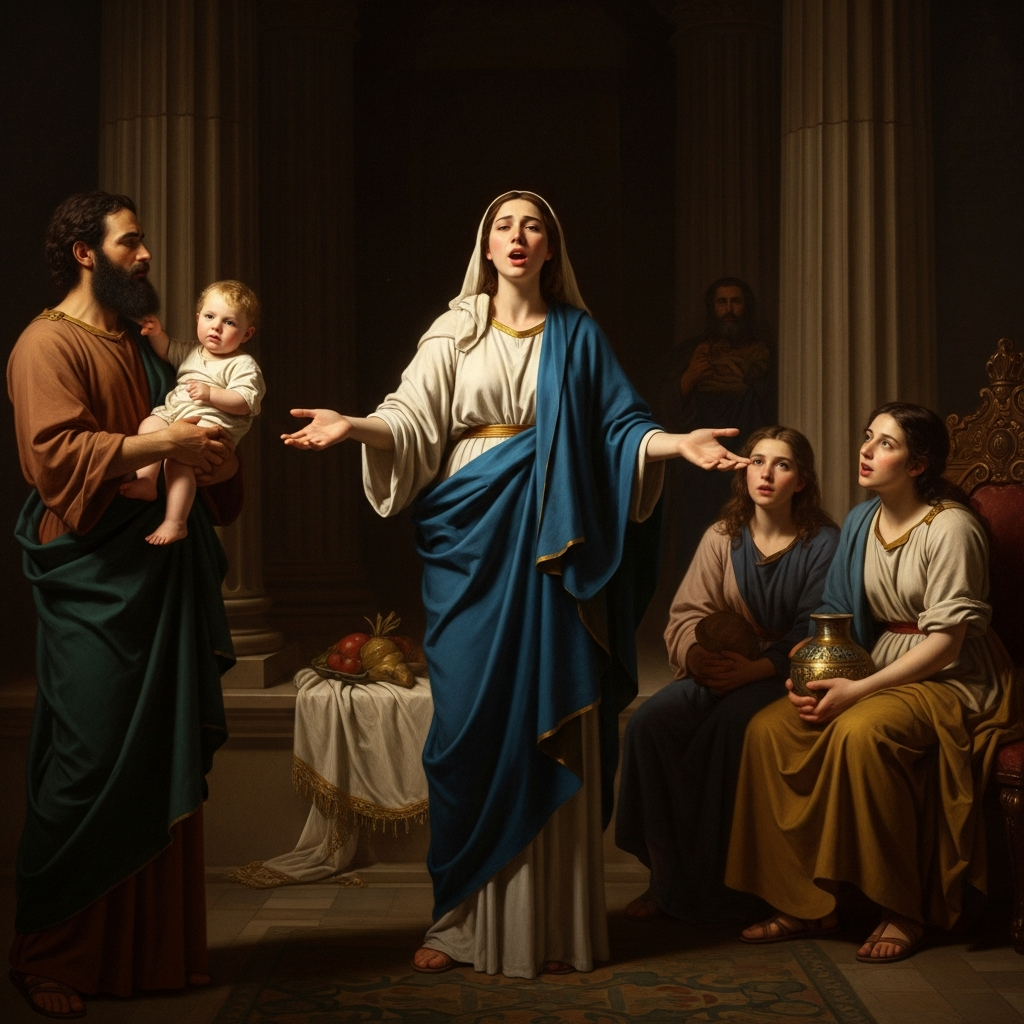 She sings before she goes home. The song is not about a mother and a child. It is about what God does with the world — the reversals, the overturnings, the barren woman with seven children while the mother of many withers away. She sings it in front of Eli and the temple and whoever is listening. It is the most public thing she has done in her life.
