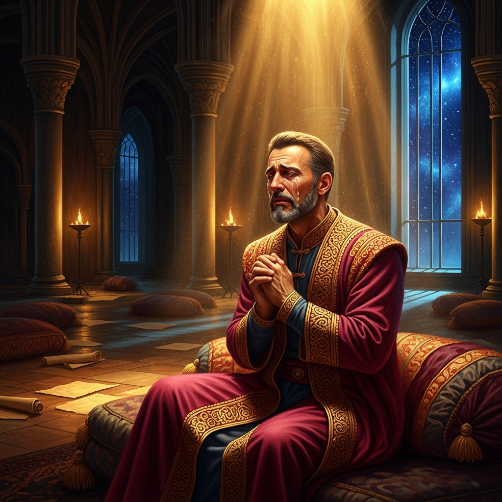 A wealthy merchant in the back of the hall begins to weep during the recitation of the verse on play and amusement — and cannot stop when the others have gone home.