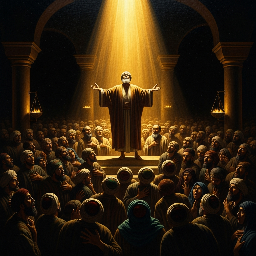 The lamp-lit assembly in Basra: Hasan al-Basri speaks and the audience, which came prepared to listen, finds itself instead unable to breathe.