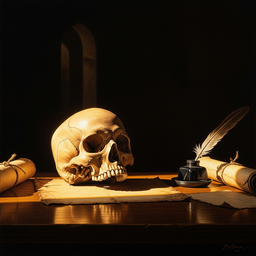 On Hasan al-Basri's writing desk in Basra sits a human skull, its empty orbits addressed each morning with the same question: what did you know that I still do not?