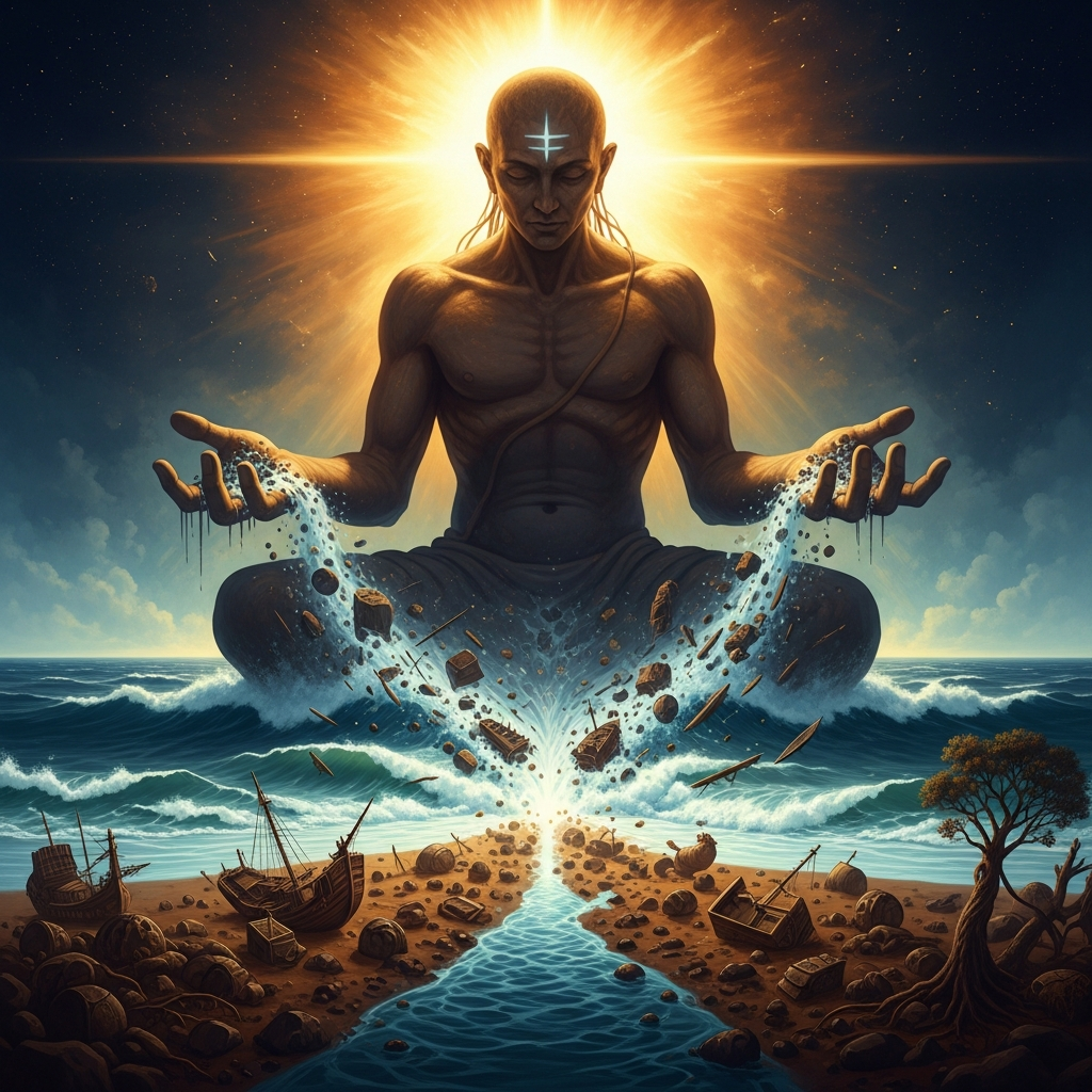 At the place where the river meets the ocean, something vast and unhurried receives what the current delivers. The sea-swallowing deity dissolves what was brought.