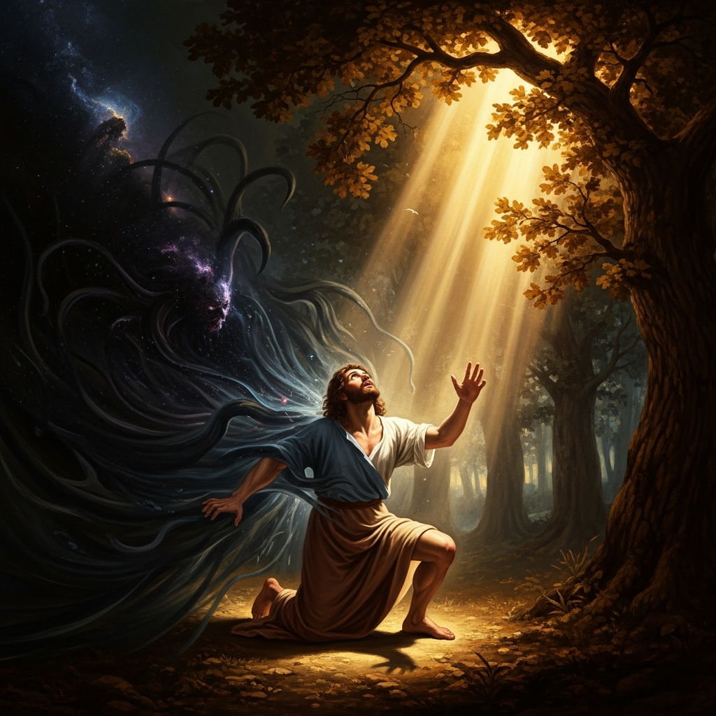 He kneels in the grove at noon and is seized by a darkness before the light comes.
