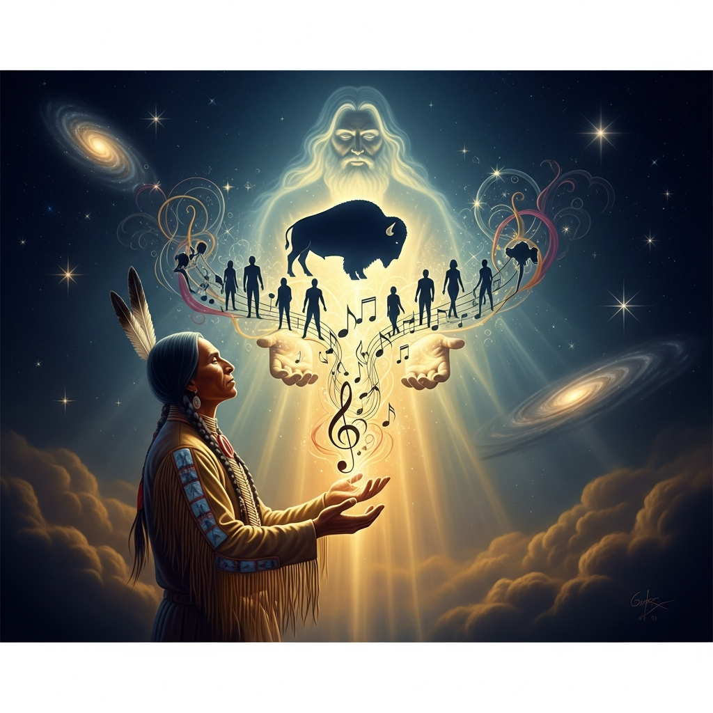 He stands before God in heaven and is given the dance, the song, and the promise — ancestors restored, buffalo returned, the white men gone.