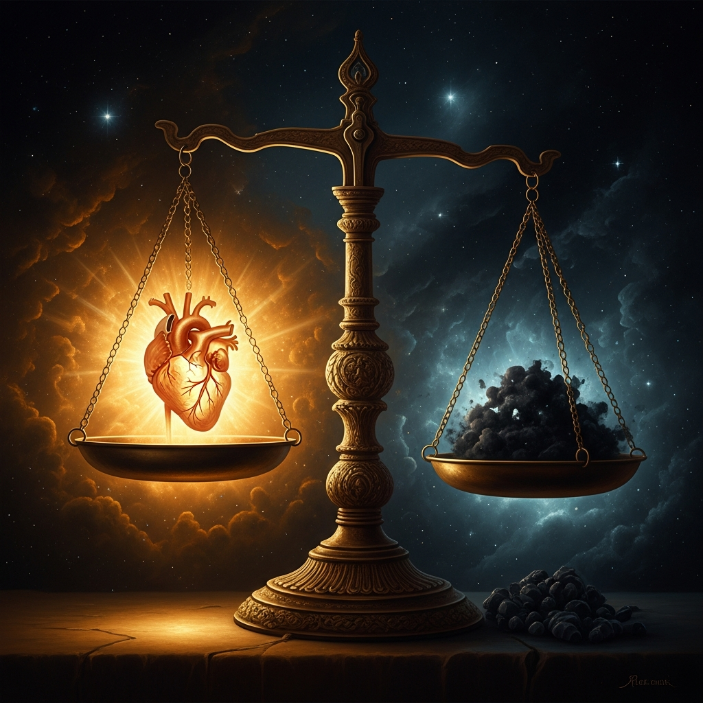 The moment of balance: the scale's two pans at equal height, the heart and the feather exactly equivalent, the pointer of the scale at the midpoint. Thoth's hand moves across the papyrus. The deceased is declared true of voice.
