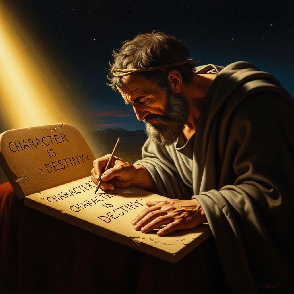 Heraclitus bent over a clay tablet at dusk, writing a fragment — a sentence that will require a lifetime to understand — then setting it aside. He writes no system. He writes only wounds.