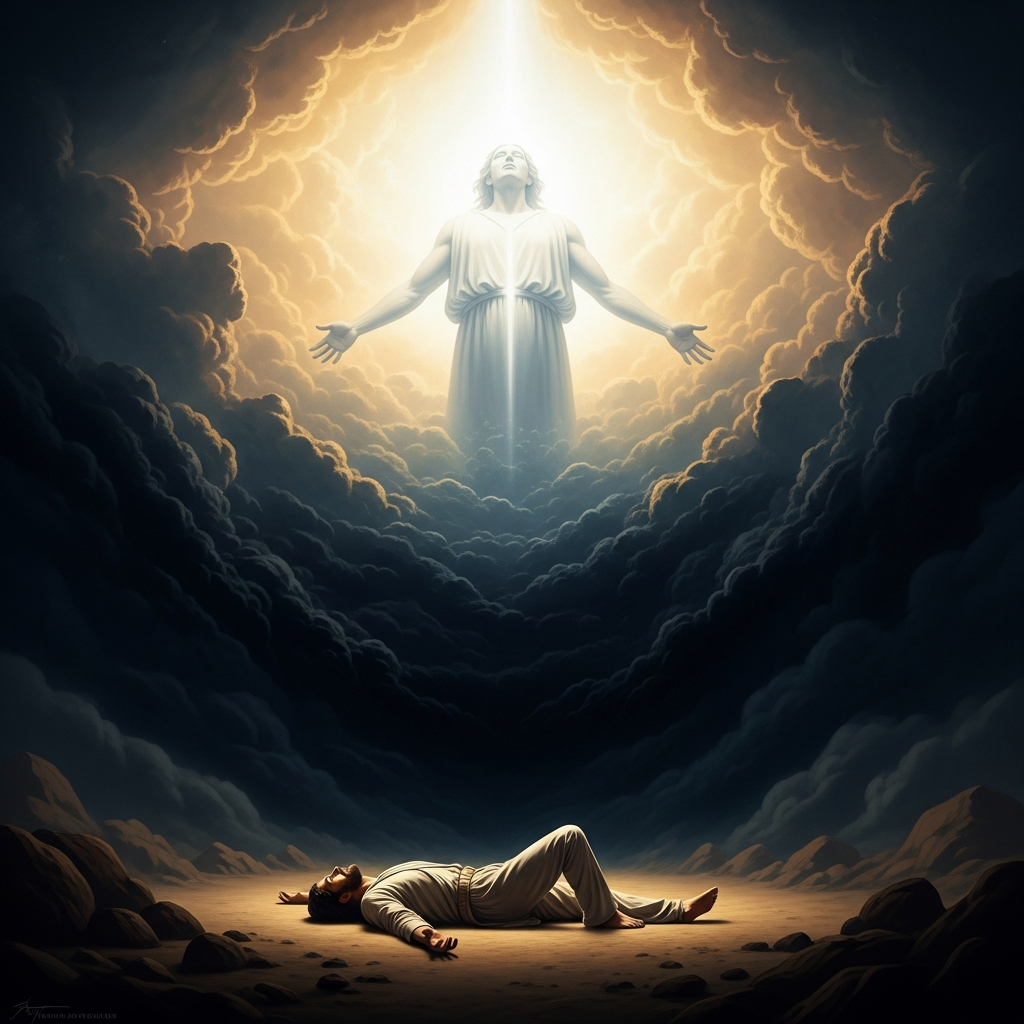 The narrator lying on the ground in a visionary trance, a colossal luminous being expanding above him — the Poimandres, Mind of the Sovereign, its upper half brilliant white light and its lower half turbulent darkness, speaking with a voice that fills the entire sky.