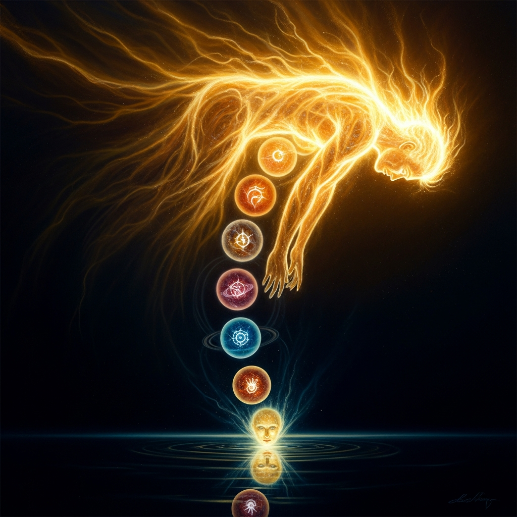 The Primordial Man, a glowing figure of divine light, leaning down through seven planetary spheres toward the reflection of his own face in the dark waters of Nature below — beautiful, luminous, about to fall into his own reflection.