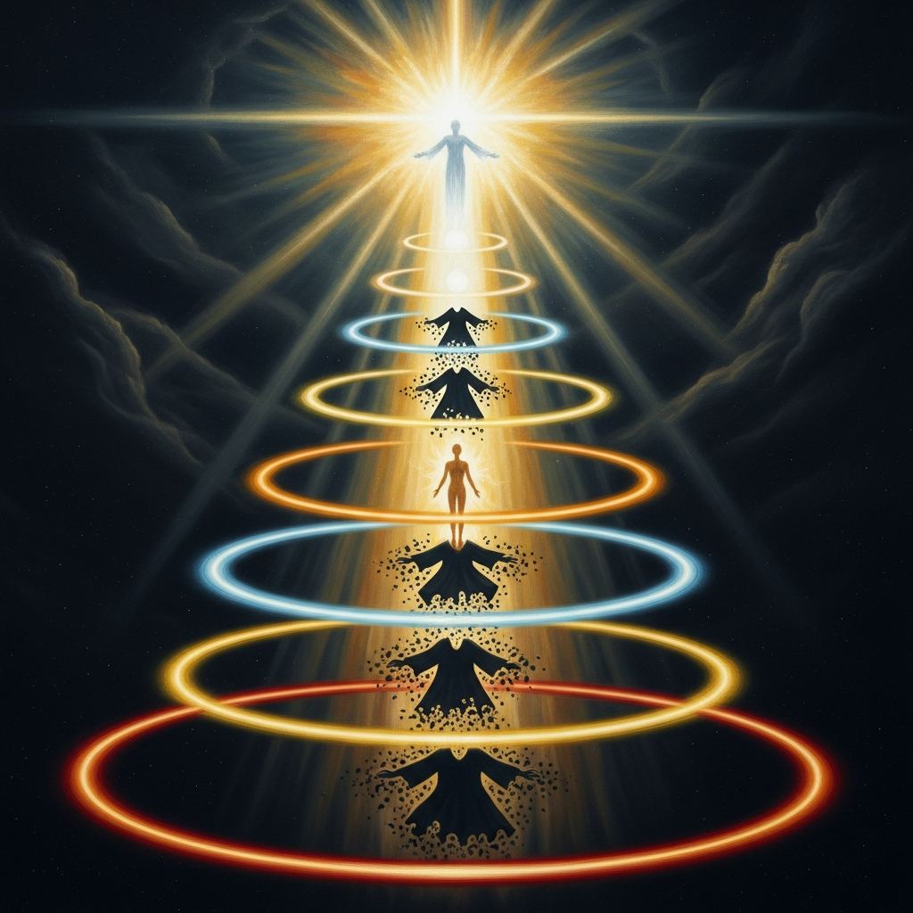 A soul ascending through seven rings of planetary light, shedding a dark garment at each ring, growing more radiant with each passage, the highest light blazing above the seventh sphere as it approaches reunion with the Father.
