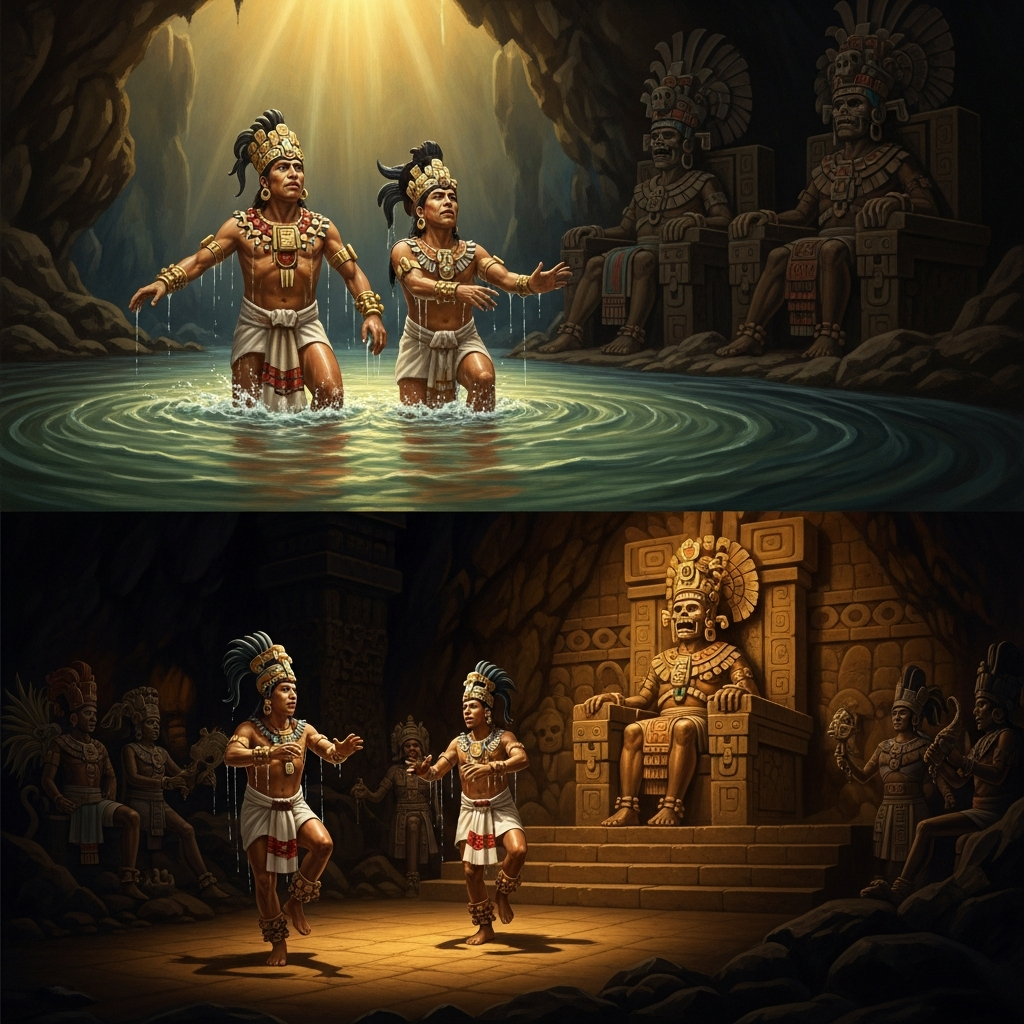 The Twins rise from the river after five days and return to Xibalba in disguise. They dance the sacrifice dance before the Lords of Death — and do not clap.