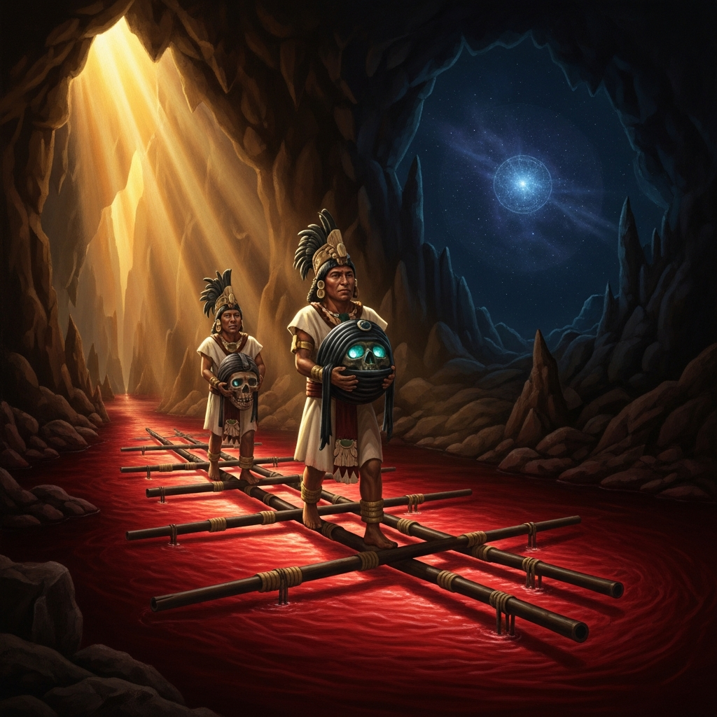 The Twins lay their blowguns end to end across the river of blood and walk into Xibalba carrying their rubber ball — the skull of their father, wrapped in black.