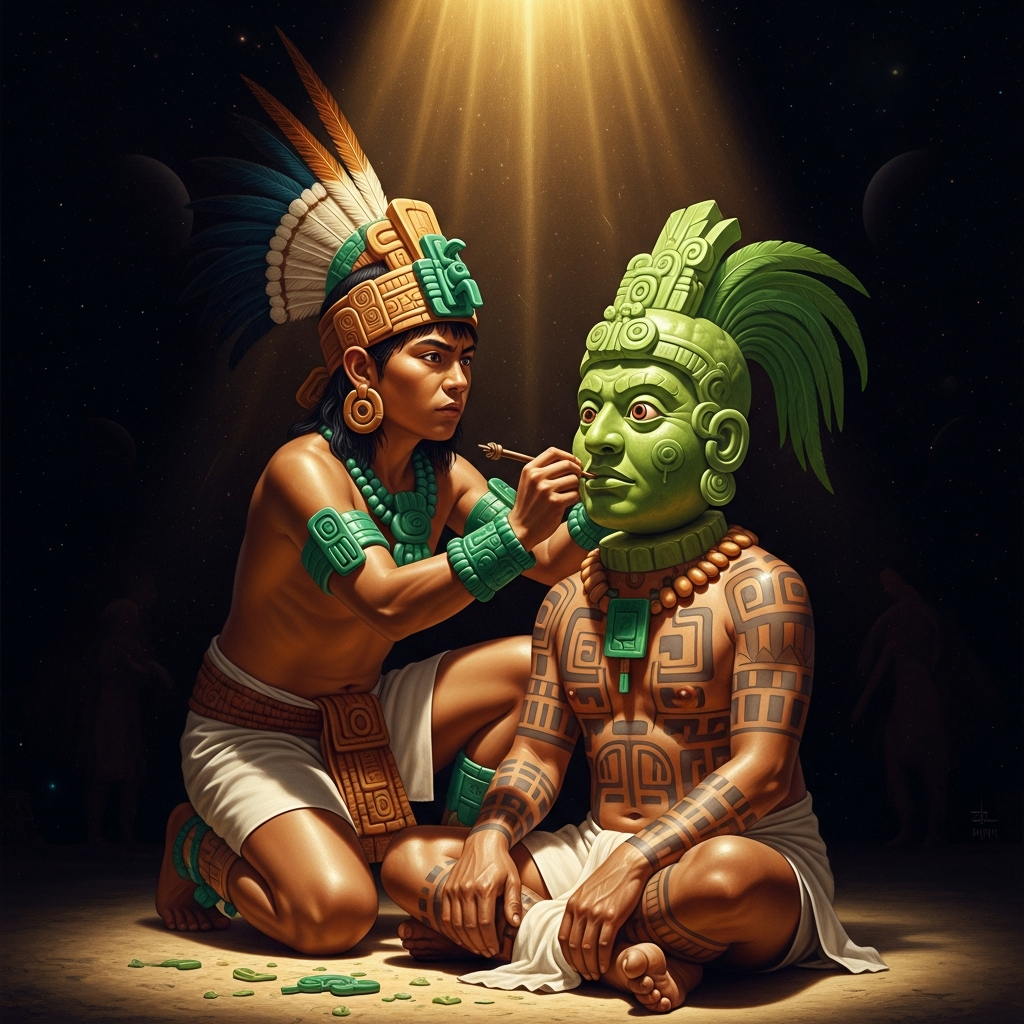 Xbalanque carves a head from a chilacayote gourd and seats it on his brother's neck. The eyes open. They walk back to the court.