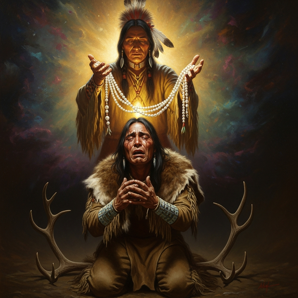 Hiawatha kneels in grief so deep it has become madness. Deganawida stands over him with strings of white wampum, offering the words that wipe the tears from the eyes and clear the path of hearing.