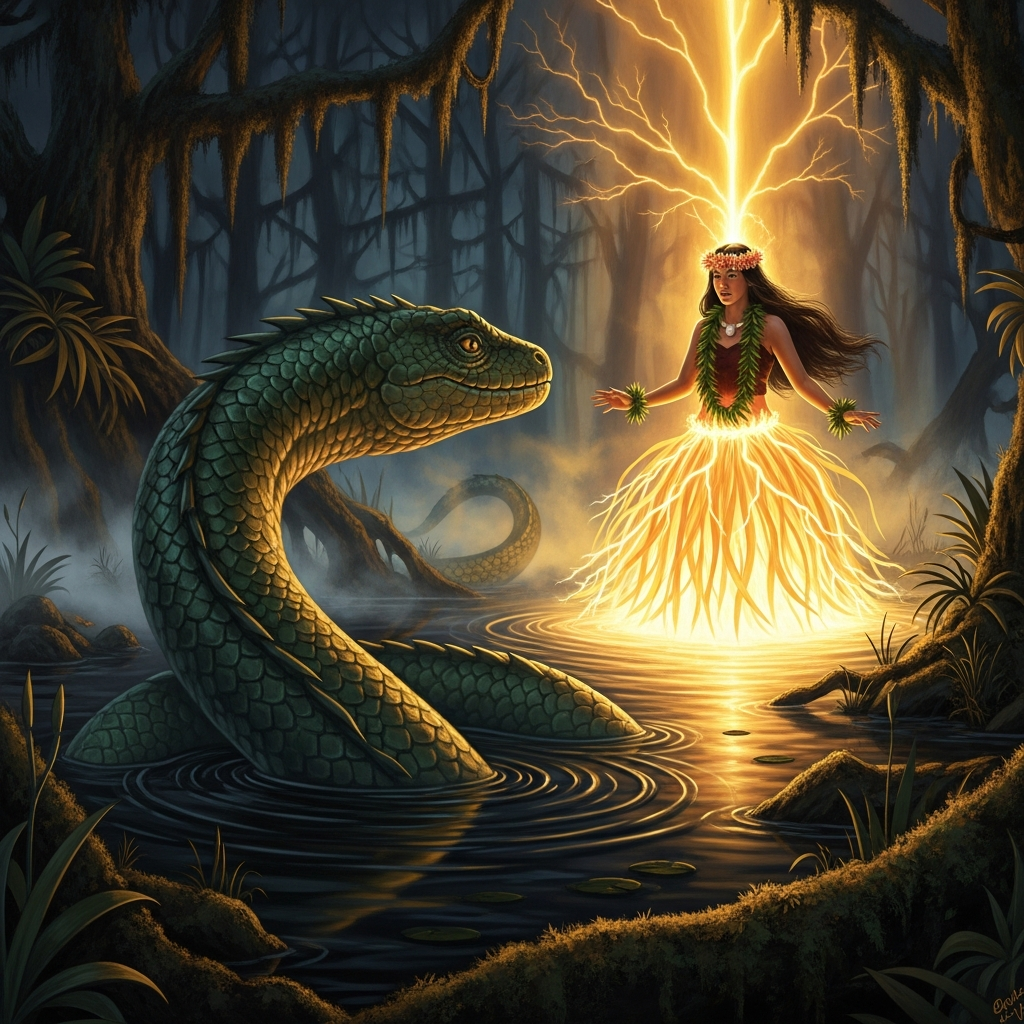 Hiʻiaka confronting the great lizard-goddess in the swamp — the *pā-ʻū* lightning-skirt blazing, the mōʻō uncoiling from the black water, the chant already working.