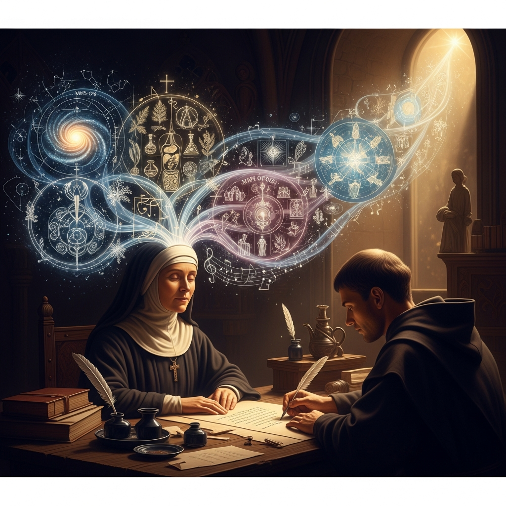 Hildegard at the writing desk in Rupertsberg, dictating to Volmar — the visions flowing out as music, as medicine, as maps of God.