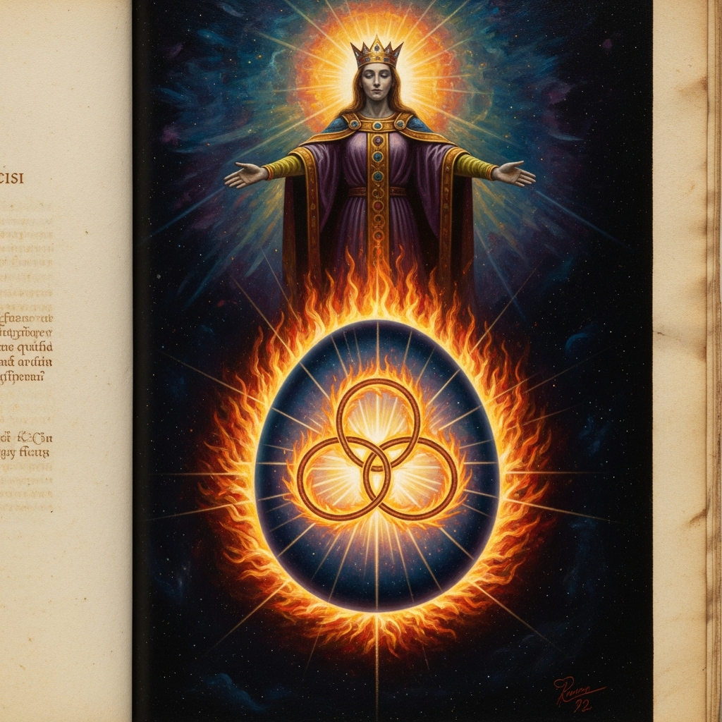 A page from *Scivias*: the cosmic egg, the Trinity as interlocking rings of fire, Ecclesia standing crowned in the universe.