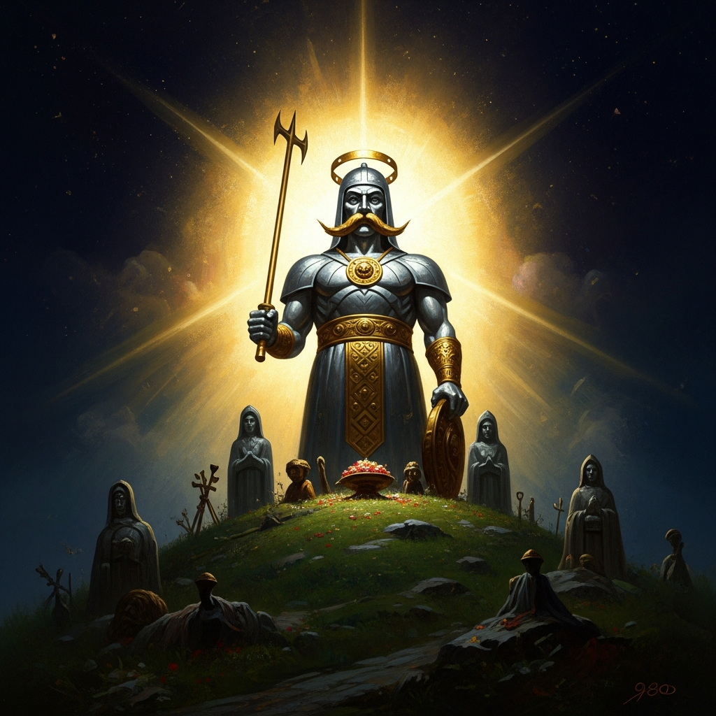 The hill of Kiev, 980 — Perun's wooden idol with silver head and golden moustache, crowned by the other five gods, blood at the base from a recent sacrifice, Vladimir at forty in fur and gold standing before them