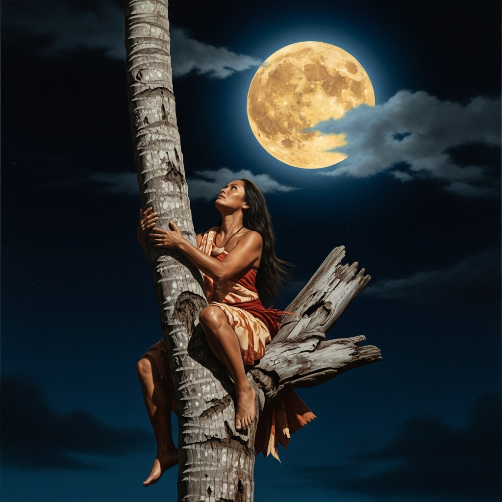 Hina on the coconut trunk, her hands and feet gripping the pale bark, the moon enormous and close above her, impossibly reachable.