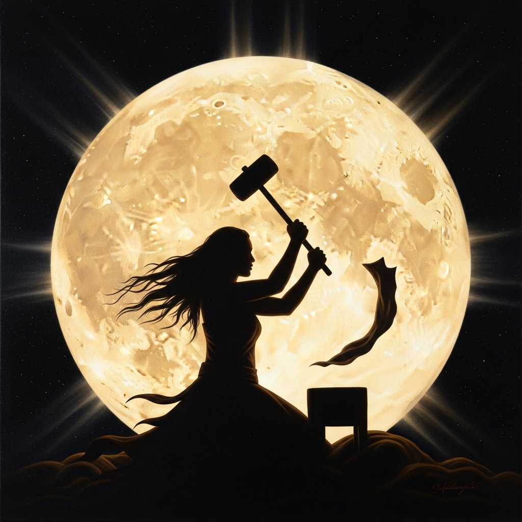 The silhouette of a woman visible in the moon's face — Hina at her work, her mallet rising and falling, the pale disk of the moon waxing as she beats.